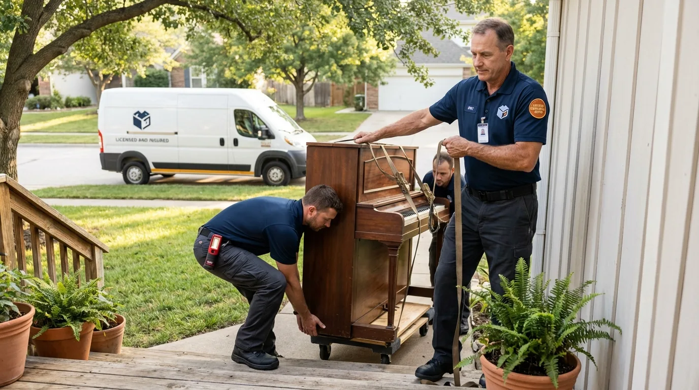 Licensed piano movers securing grand piano in Sanbornton, NH