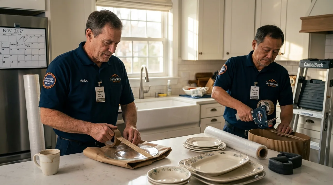 Professional crew packing kitchen dishware in Sanbornton, NH